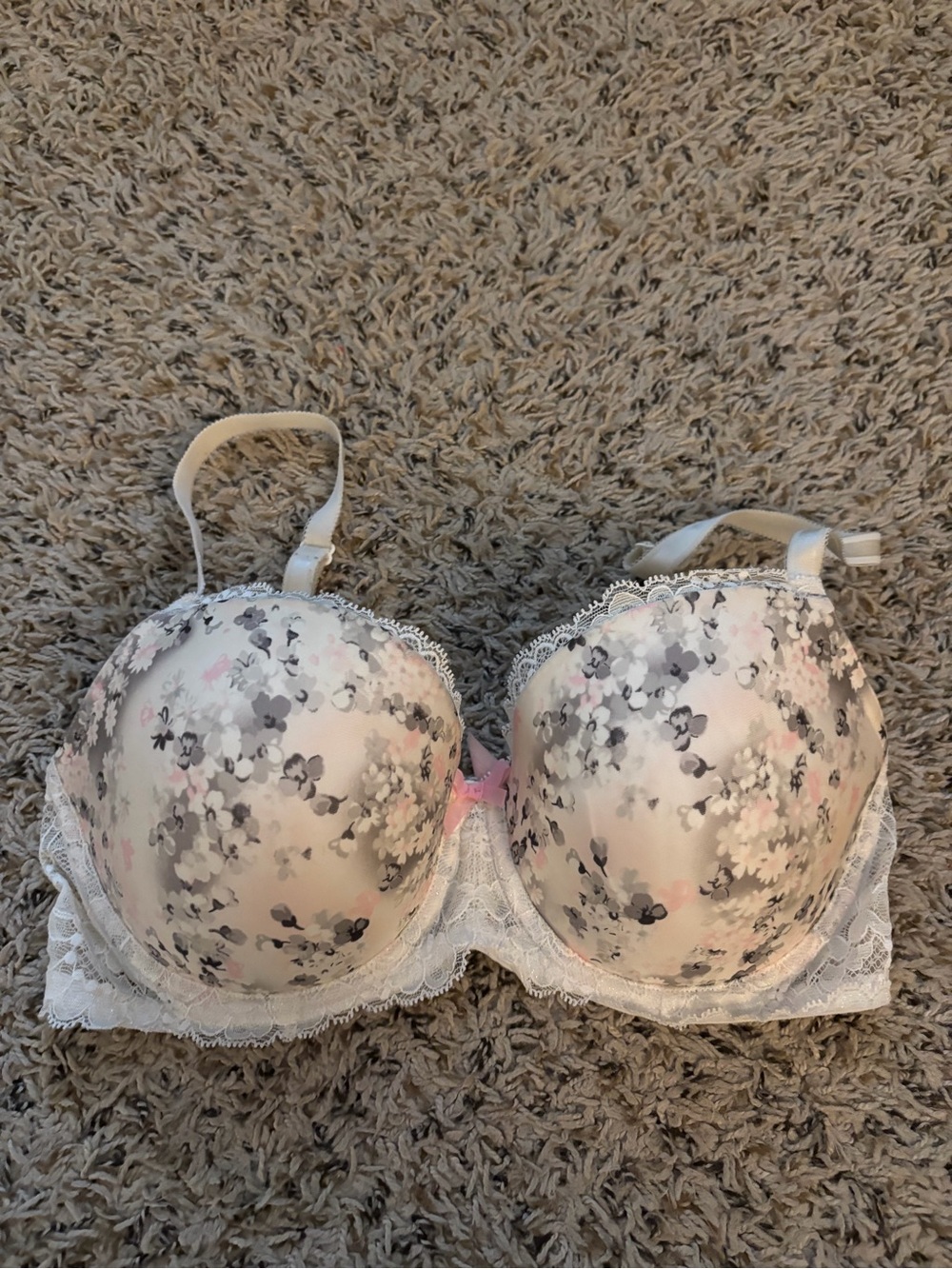 Victoria's Secret Cream Floral Lace Push-Up Bra with Gray and Pink Accents